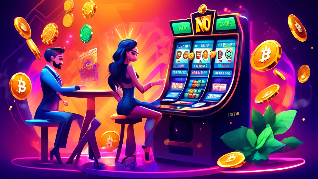 Create a vibrant and engaging illustration showcasing a virtual crypto casino scene. In the foreground, depict a user-friendly interface on a computer or mobile device displaying 
