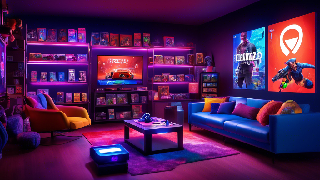 An artistic representation of a vibrant gaming lounge featuring the latest PlayStation 4 games. The scene showcases a person excitedly playing a newly anticipated PS4 game with various game boxes displayed prominently on a shelf in the background; brands and logos suggestive of Target. The environment is filled with gaming memorabilia, colorful LED lights, and a cozy couch, capturing the essence of a future gaming hub at Target. The overall mood should convey excitement and anticipation for new gaming experiences.