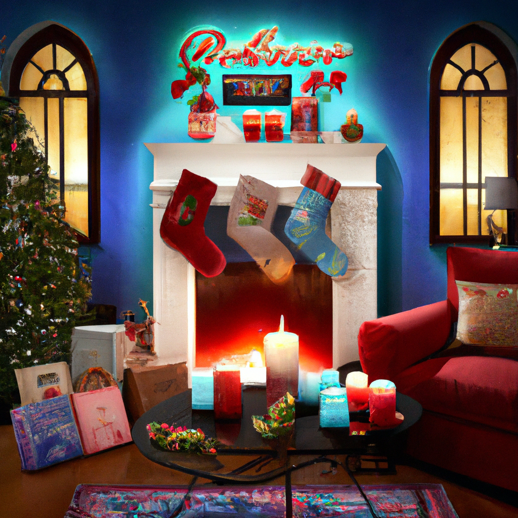 Create an image of a cozy, festive living room scene showcasing Yankee Candle