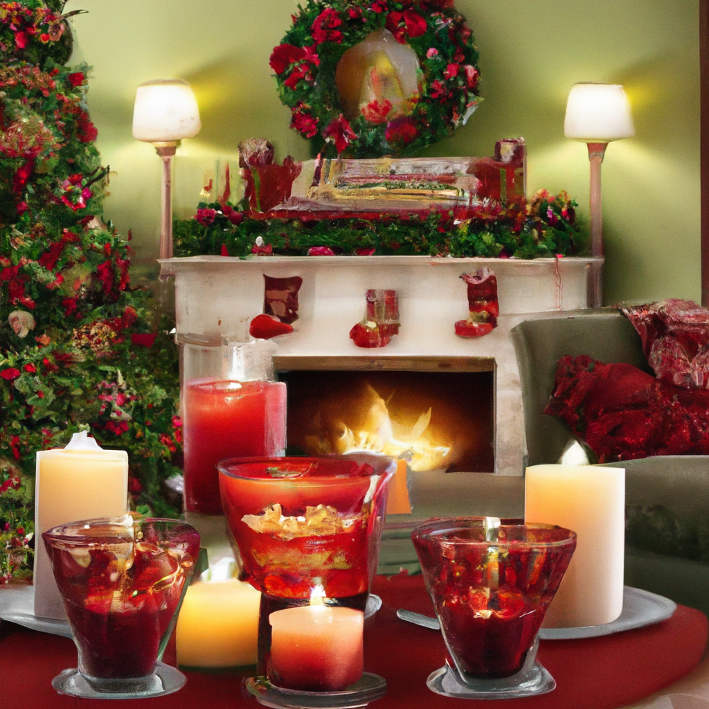 Create an inviting scene that embodies the cozy warmth and festive spirit of Christmas, featuring the Yankee Candle Christmas 2022 collection. The image showcases a beautifully decorated living room, complete with a glowing fireplace, a gorgeously adorned Christmas tree, and tastefully arranged candles from the Yankee Candle collection. Each candle emits a soft, warm glow and the labels are subtly visible, highlighting their festive designs. Accentuate the ambiance by showing hints of classic holiday decorations such as garlands and stockings, as well as subtle details like a steaming mug of hot cocoa or a cozy plaid blanket. The overall vibe is one of warmth, joy, and the magical coziness that the holiday season brings into the home.