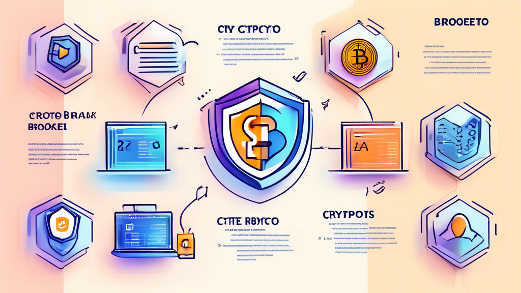 Create an informative and visually engaging image that represents the process of choosing the right crypto broker. Include elements that highlight key factors such as fees, security, and user experience. Incorporate digital graphics of popular crypto broker logos from 2023, along with symbols of regulation and compliance, like a checklist or a shield. The background should evoke a modern and digital atmosphere, representing the world of cryptocurrency trading.