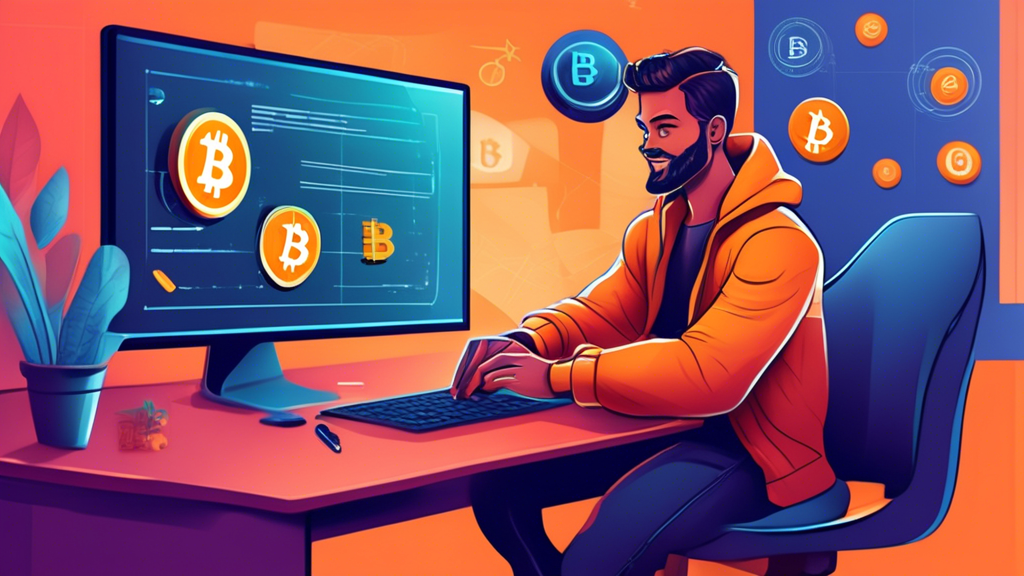 Create an informative and visually engaging illustration that captures the essence of getting started with crypto brokers. The image should depict a young beginner trader sitting at a computer desk, enthusiastically opening a cryptocurrency trading account. Include elements such as a laptop displaying a crypto trading platform, various cryptocurrency symbols (like Bitcoin, Ethereum, etc.) floating around, and a checklist with items like 