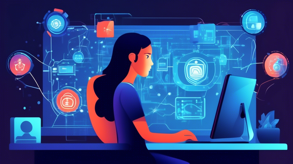 Create an image that illustrates the concept of Ensuring Safety and Privacy When Using a Proxy Browser to Unblock Websites. The scene shows a person sitting at a desk with a PC, surrounded by visual representations of digital safety measures like shields, locks, and encrypted data streams. The computer screen displays a proxy browser interface with various security features highlighted. The background features abstract elements symbolizing internet networks and privacy. The overall tone of the image should convey a sense of secure and anonymous web browsing.