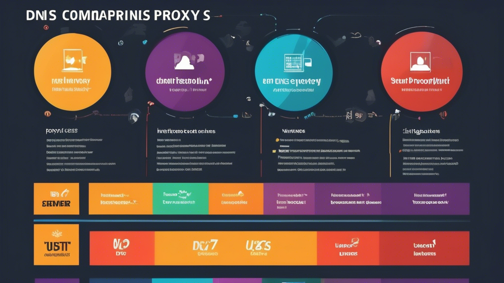 **DALL-E Prompt:** Create an infographic featuring a comparison chart of the top free Smart DNS proxy servers. The chart should display the server names, key features, pros, and cons for each option, along with user ratings and performance statistics. Include visual icons representing unrestricted internet access and technology, such as a globe, lock, and network symbol. The background should be a sleek, modern design that conveys a sense of digital connectivity and freedom.