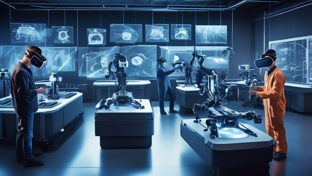 Create an image showcasing a futuristic manufacturing facility where workers are using cutting-edge virtual reality headsets and interfaces to design and prototype new products. Highlight a group of engineers collaborating in a virtual simulation environment, manipulating 3D models with holographic displays. Include details like advanced VR equipment, robotic arms assisting with tasks, and screens displaying real-time data and analytics. This scene should represent the innovative applications of virtual reality technology in design and training, demonstrating the forefront advancements provided by leading companies in the manufacturing industry.