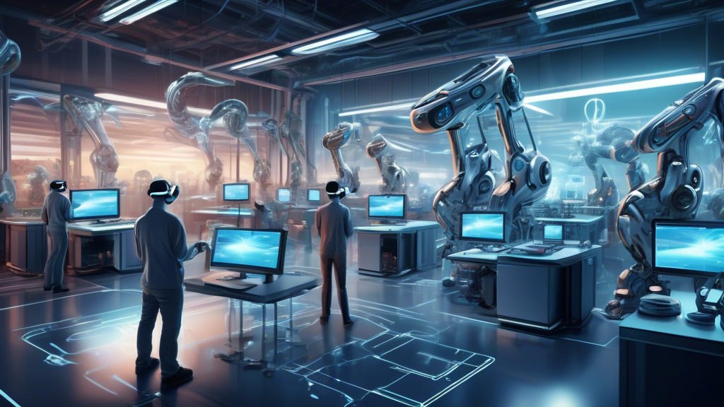 Create an imaginative and futuristic digital artwork depicting a high-tech manufacturing environment where virtual reality is central. The scene should feature employees wearing advanced VR headsets, interacting with holographic interfaces to design and manage production workflows. The background should showcase robots and automated machinery working seamlessly with humans, all controlled through virtual reality setups. Include visual elements that represent emerging trends like artificial intelligence integration and smart factories, illustrating the potential for VR to transform global manufacturing landscapes. The atmosphere should exude a sense of innovation and cutting-edge technology, symbolizing the future impact of VR on manufacturing.