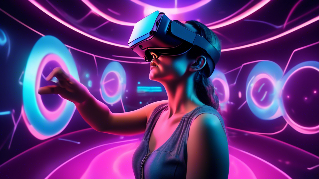 Create an image depicting a futuristic and dynamic virtual reality experience, showcasing the immersive features of Holodexxx as accessed through the Oculus Quest. The scene should highlight vibrant, interactive holographic elements swirling around a user fully engaged in the VR world, visually illustrating the unique and thrilling aspects of Holodexxx. Include subtle nods to user testimonials or expert opinions by incorporating abstract representations of positive feedback, such as floating thumbs-up icons or glowing reviews integrated within the scene. The overall atmosphere should be one of awe and excitement, capturing the transformative impact of Holodexxx on VR enthusiasts.