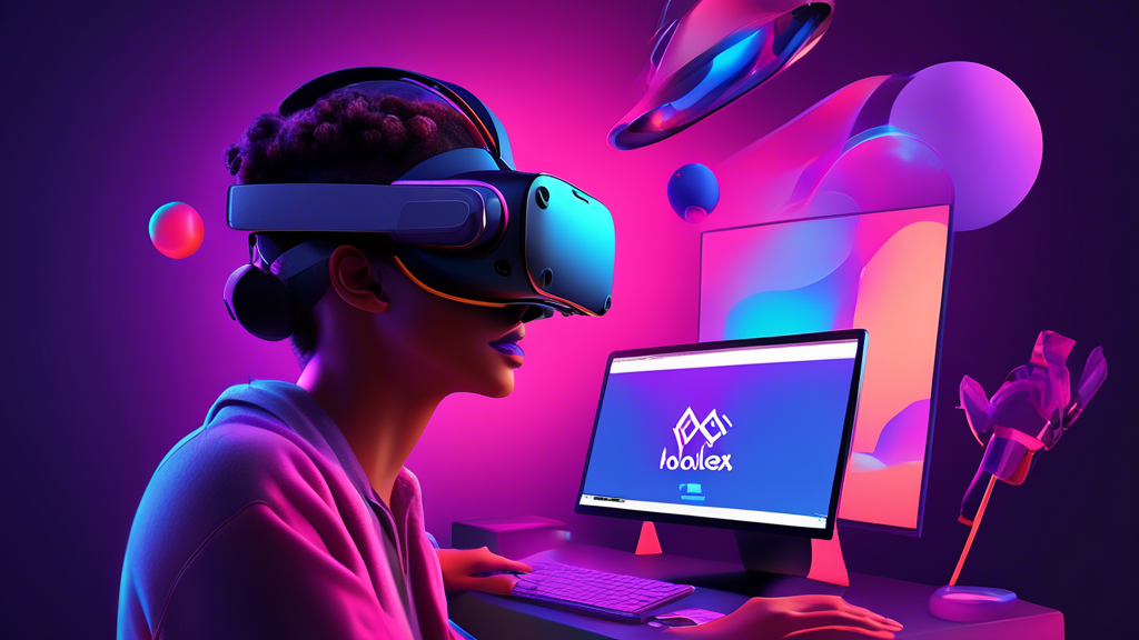 Create an image showing a step-by-step visual guide for setting up Holodexxx on Oculus Quest. Include illustrations of the Oculus Quest headset being connected to a computer, downloading the Holodexxx app from an online store, and adjusting virtual reality settings for optimal performance. Highlight tips and troubleshooting steps with eye-catching icons and vibrant colors to emphasize the easy-to-follow and user-friendly process. Use futuristic and tech-themed design elements to align with the cutting-edge nature of Holodexxx.