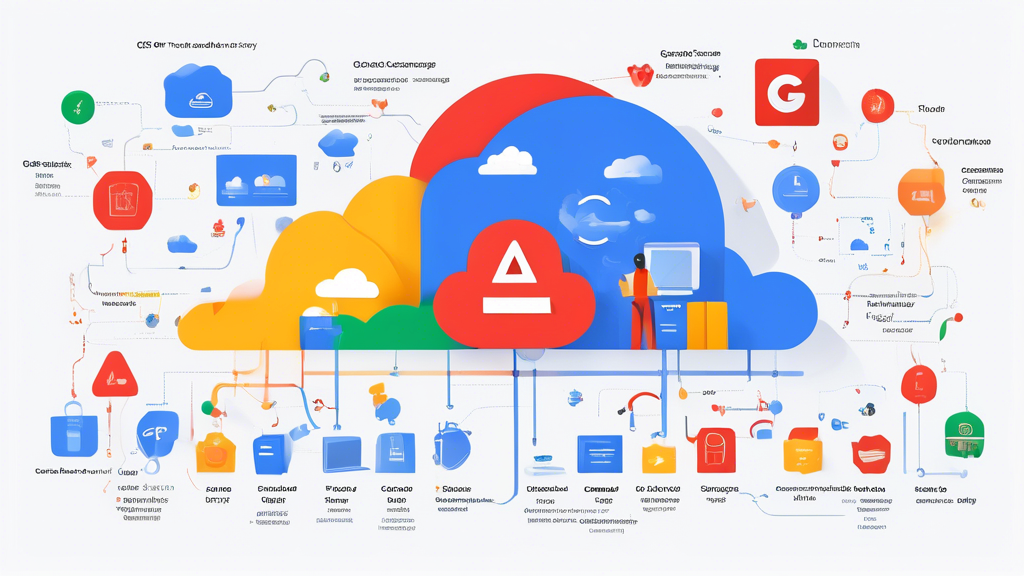 Create a detailed infographic showcasing the main components of Google Cloud Platform (GCP), featuring elements like Google Cloud Storage, Firestore, Google Compute Engine, Kubernetes Engine, Virtual Private Clouds (VPCs), firewalls, and Identity Access Management (IAM). Use a modern, tech-inspired design with vibrant colors and icons symbolizing cloud services, computing, and security. Include labels and brief descriptions for each component, emphasizing the interconnectedness of these services in the GCP ecosystem.
