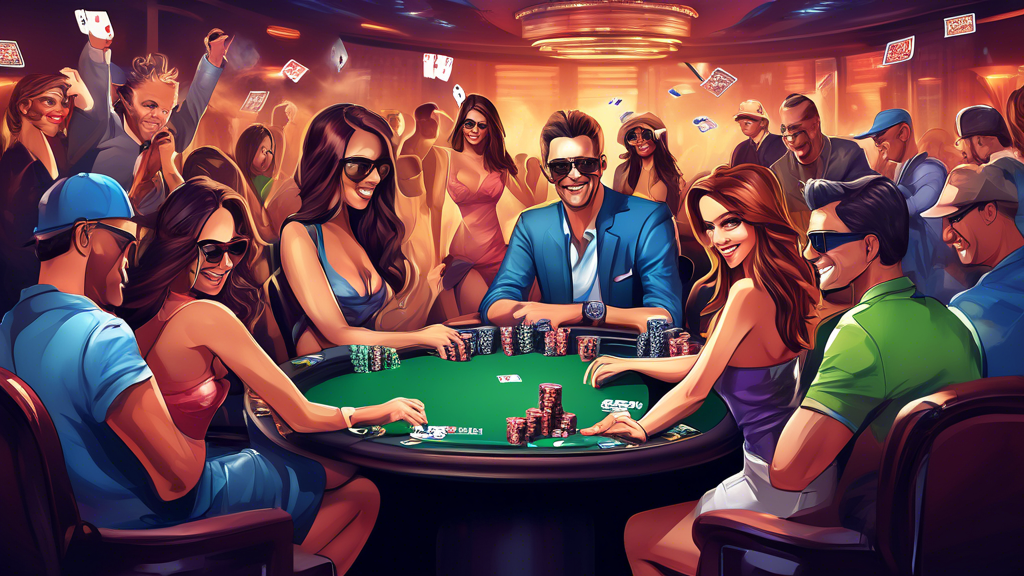 Create an illustration that depicts the exclusive benefits of ClubWPT membership for poker enthusiasts. Focus on a vibrant scene featuring a virtual poker room with players engaging in exciting tournaments and showcasing cash prizes. Include elements that represent an engaging community, such as players interacting and networking with each other. Highlight unique gaming tools and features like custom avatars, leaderboards, and interactive chat options. The atmosphere should be lively and inviting, illustrating the enhanced gaming experience that ClubWPT offers compared to traditional poker platforms.