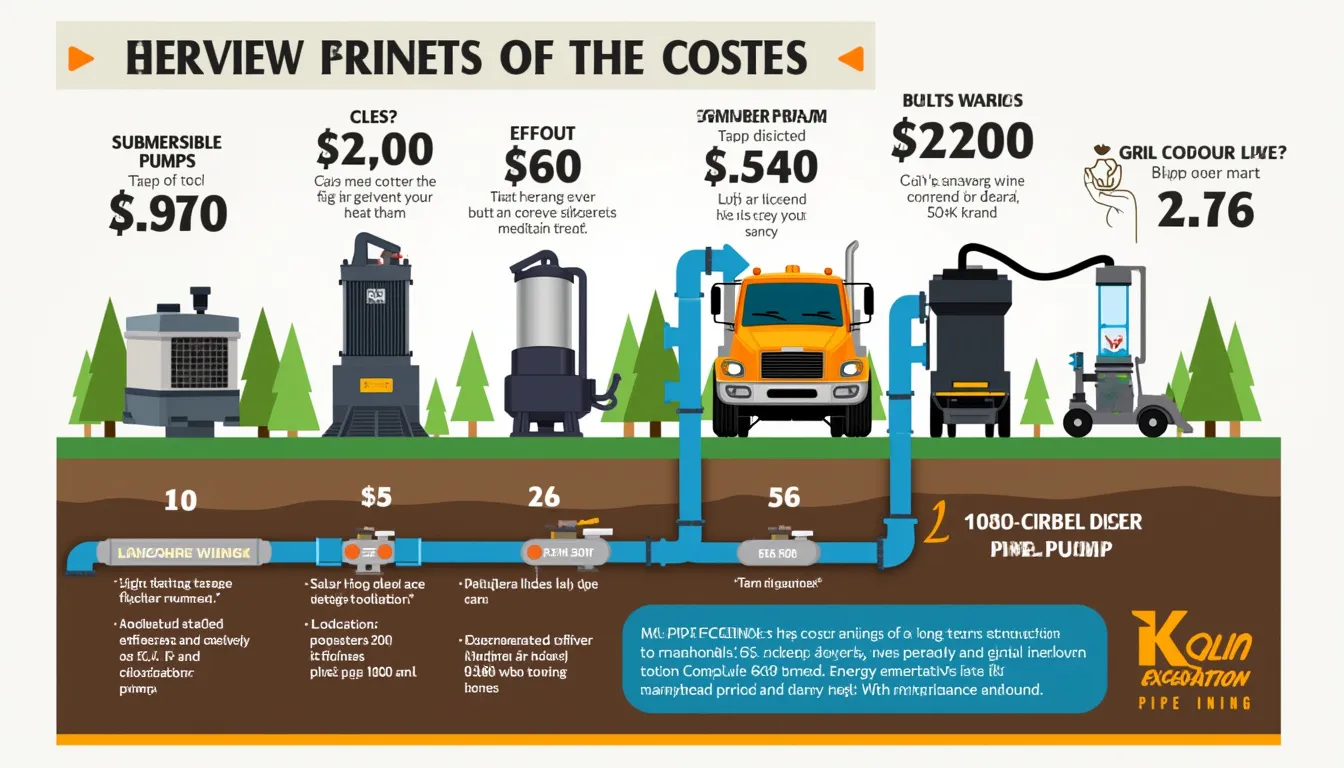 Create an image showing a detailed infographic comparing the costs of different types of sewage pumps, such as submersible pumps, grinder pumps, and effluent pumps. Each pump should be visually distinct, with labels and price ranges displayed in a clear, easy-to-read format. The infographic should also include icons or symbols representing potential variables like energy efficiency, durability, and maintenance requirements. Include a small section discussing the potential for long-term savings with higher-priced models, highlighted with contrasting colors to draw attention. The background should be simple and modern, focusing on enhancing the informative and comparative nature of the content.