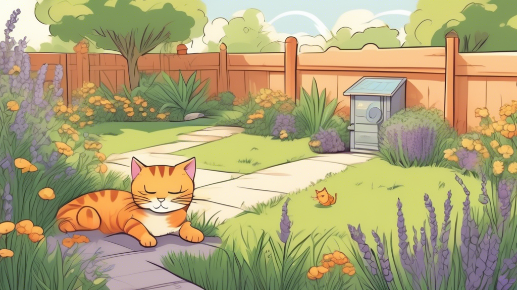 Create an image of a serene suburban backyard with a happy cat lounging on a sunny patch of grass. Surround the area with various natural deterrents like citrus plants, lavender, and a spray bottle labeled 