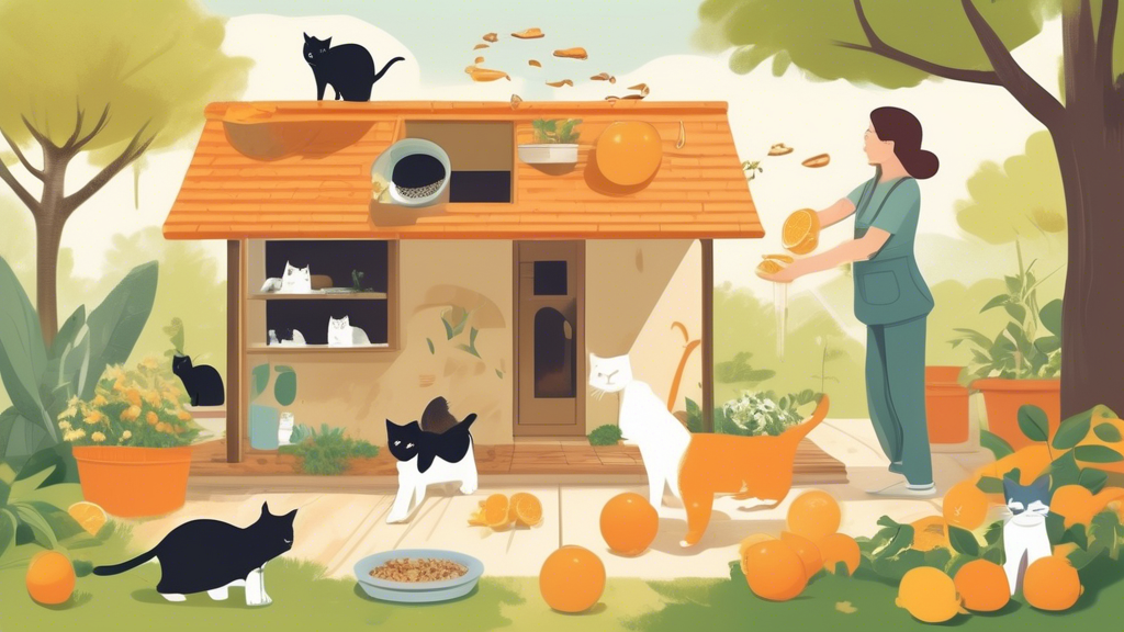 An informative and visually engaging illustration demonstrating effective techniques to stop cats from spraying outside homes. The scene includes a cat owner applying natural deterrents like citrus peels and vinegar around their garden, a cozy outdoor cat house to create a comfortable environment, and a bowl of food placed at a regular feeding station. Additionally, include visual cues about spaying/neutering, such as a veterinary sign in the background, to highlight its role in reducing spraying behavior. The atmosphere is calm and serene, reflecting a positive outdoor experience for both the owner and the cat.