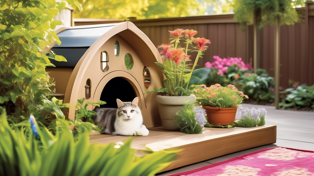 Create an inviting and playful outdoor space for cats, featuring a secure perimeter adorned with lush greenery, climbing structures, and cozy resting spots. Include elements like a cat gazebo, scratching posts, and colorful toys that encourage play and exploration. Show a happy cat lounging in this cat-friendly environment as it interacts with vibrant flowers, small pathways, and safely enclosed areas that promote enrichment and minimize territorial behavior. Highlight how such spaces can deter unwanted spraying while providing cats with a safe and stimulating outdoor experience.