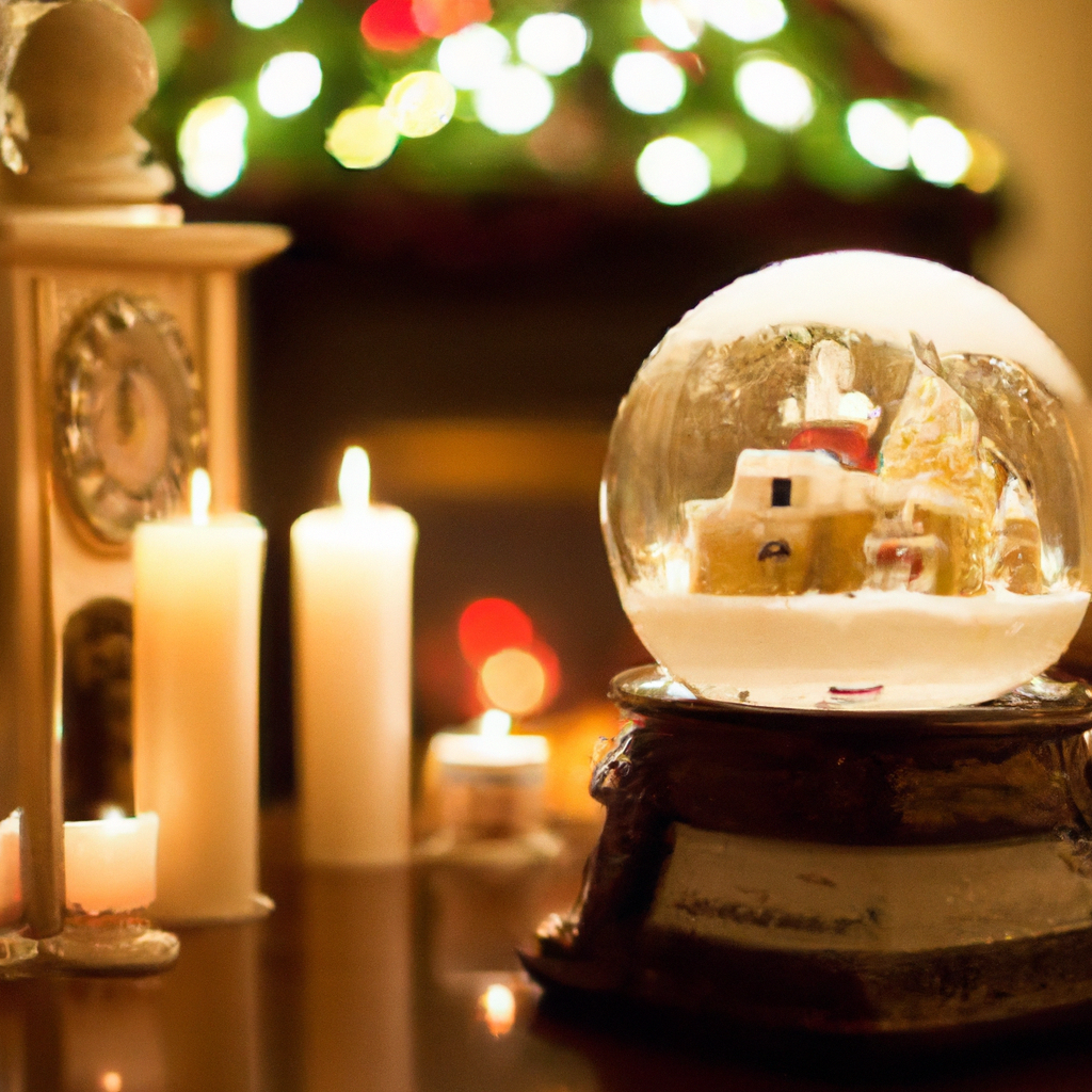 A cozy living room setting during a holiday season with a beautifully decorated mantlepiece. On the mantle, a versatile snow globe candle holder is surrounded by seasonal decorations like pine garlands and fairy lights. The scene showcases the candle holder lit, casting warm, flickering shadows around the globe. This setup highlights how the snow globe candle holder seamlessly integrates with festive decorations, offering both charm and a subtle, sophisticated ambiance. The snow globe inside features a miniature snowy village scene, lit from within, enhancing the magical and inviting atmosphere of the room.