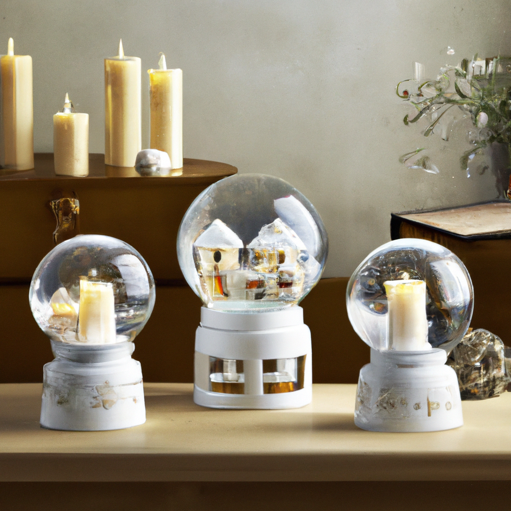Create an image of a cozy living room setting showcasing a beautifully curated display of snow globe candle holders on a rustic wooden shelf. Each snow globe features a unique design, reflecting different interior themes like minimalist, vintage, and contemporary. Include close-up details of the globe