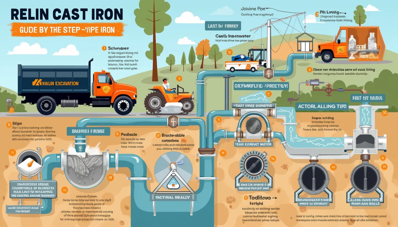 Create a detailed infographic illustrating a step-by-step guide to relining cast iron sewer pipes. The image should vividly depict each stage, starting with the preparatory steps, moving through the actual relining process, and concluding with post-relining maintenance tips. Include clear, labeled visuals of the equipment and materials used, cross-sectional views of the pipe during different stages, and annotations to explain each step clearly. The color palette should be clean and easy to read, with highlighted sections for important notes. The infographic should serve as an educational tool, making complex plumbing procedures accessible and understandable to viewers.