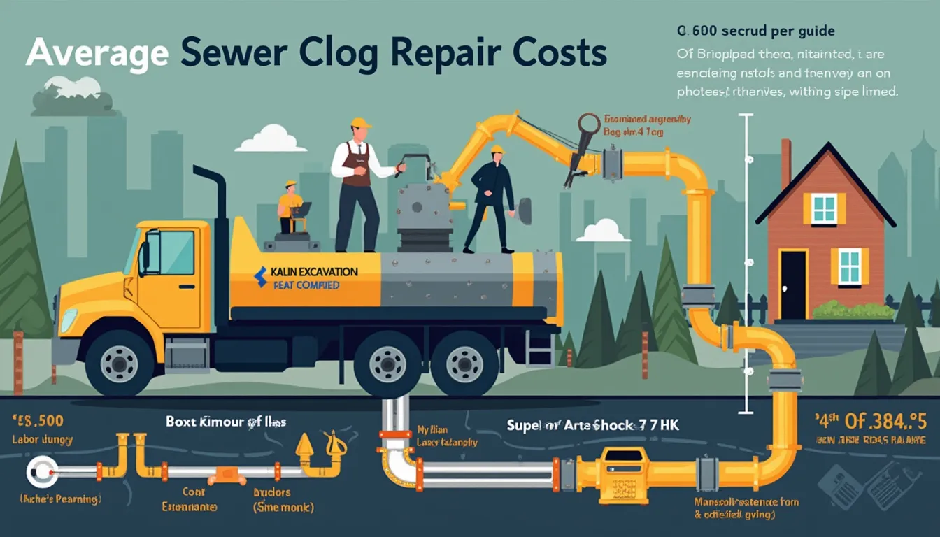 Create an image that illustrates an informative guide on Average Sewer Clog Repair Costs. The scene should feature a detailed infographic layout that visually breaks down the typical expenses associated with sewer clog repairs, including diagnostic fees, labor costs, and material expenses. There should be a clear and engaging visual representation of an estimated cost range on a spectrum, laid out in a way that facilitates easy understanding for homeowners. Include elements like charts and simple icons to represent plumbers, tools, and repair processes. The use of muted, calming colors will add to the educational tone of the image.