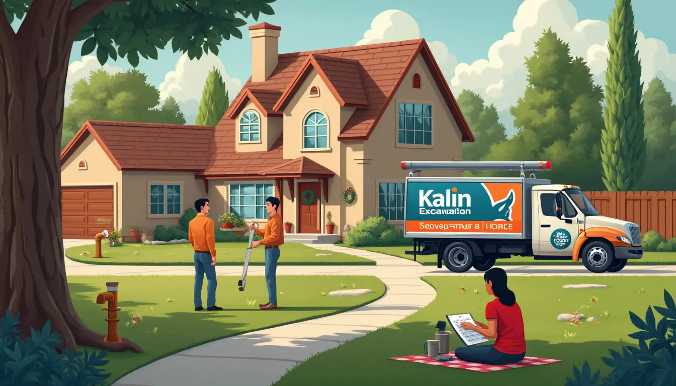 Create an image of a cozy suburban home with a cleverly illustrated scene depicting various cost-saving strategies for sewer clog repairs. The foreground showcases a homeowner checking off a maintenance checklist with items like Preventative Measures and Regular Sewer Maintenance. In the background, a professional plumber is seen advising the homeowner with a friendly demeanor, symbolizing the choice of hiring a reputable professional. Additionally, visually integrate elements that hint at DIY solutions, such as a neatly arranged tool kit and plumbing guides. The overall ambiance should convey a sense of proactive home management and smart planning, emphasizing cost-effective strategies.