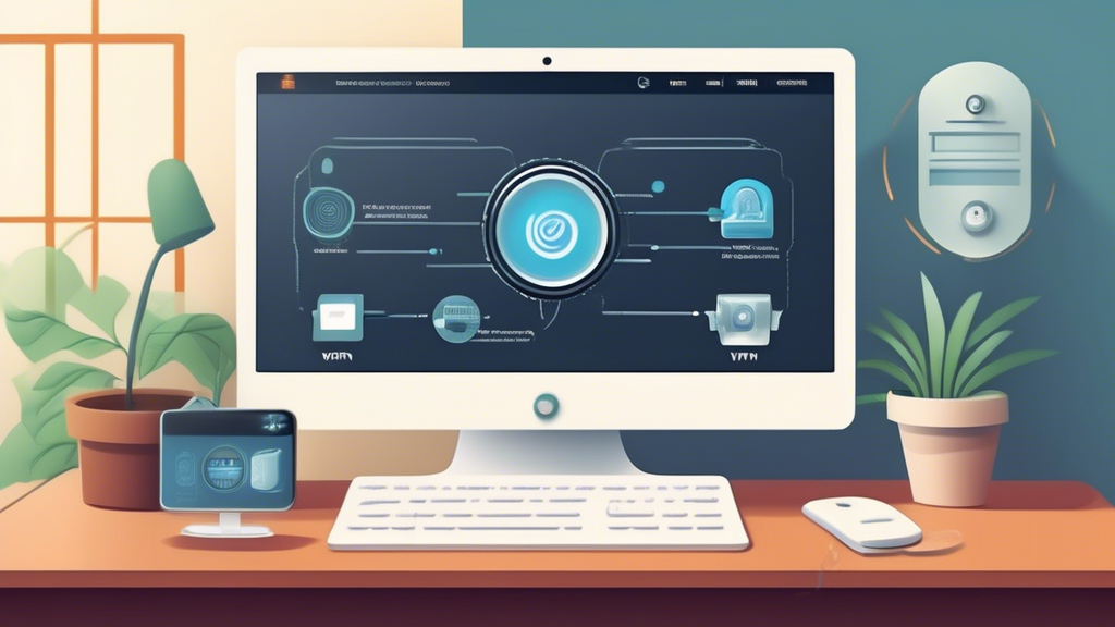 Create an informative and visually engaging illustration of a step-by-step guide for setting up a VPN router in a home network environment. Include elements such as a laptop, smartphone, and a VPN router with highlighted settings visible on a screen. Showcase best practices for optimization, like speed indicators and troubleshooting icons, with a visually clear and user-friendly design.