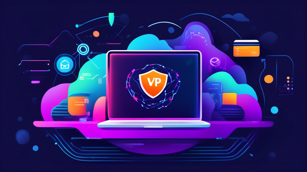 Create an image showcasing the top 5 VPNs for MacBook in 2023. The scene should feature a sleek, modern MacBook displaying a vibrant digital interface with VPN logos and stats, surrounded by icons representing online security, anonymity, and speed. The background should reflect a high-tech environment, incorporating elements like secure locks, shield symbols, and abstract digital patterns symbolizing connectivity and safety. Use a color palette that conveys trust and professionalism, with blues and greens predominantly. Include a text overlay that highlights Top 5 VPNs for MacBook 2023.