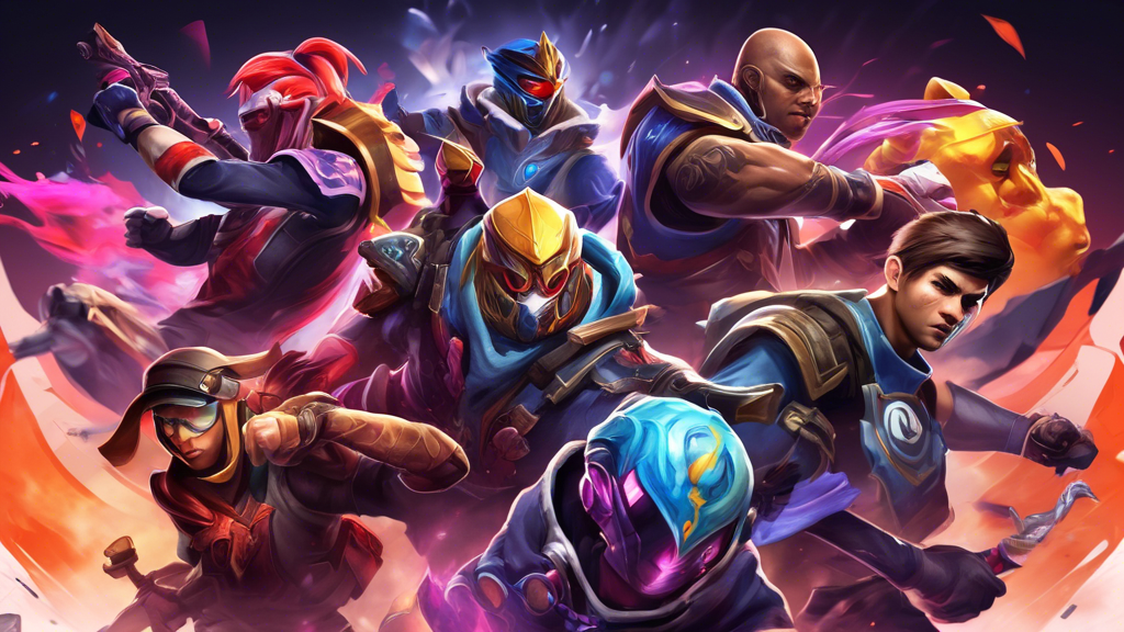 Create an image showcasing the top contenders in the esports scene, focusing on a dynamic collage that includes iconic imagery from League of Legends, Dota 2, and Counter-Strike: Global Offensive. Illustrate the complexity of gameplay mechanics, with highlights of in-game action and characters from each game. Include elements that represent major esports events like The International for Dota 2 and tournament scenes for CS:GO. Around the edges, incorporate other popular titles such as Fortnite, Overwatch, and Valorant to emphasize their significance in the esports landscape. The overall feel should convey a sense of competition, excitement, and community within the vibrant esports culture.