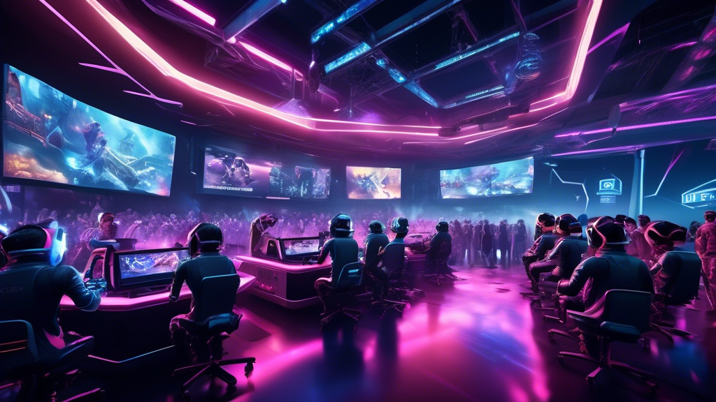 Prompt: A futuristic esports arena showcasing various emerging esports games including mobile competitions and battle royale formats. Visualize players engaged in intense gameplay using virtual reality headsets, surrounded by advanced technology such as holographic displays and streaming platforms. Illustrate a vibrant atmosphere filled with enthusiastic fans, with screens displaying live gameplay and player statistics. Emphasize the diverse genres and trending games of the esports industry, all under dynamic lighting that captures the excitement and evolution of esports.