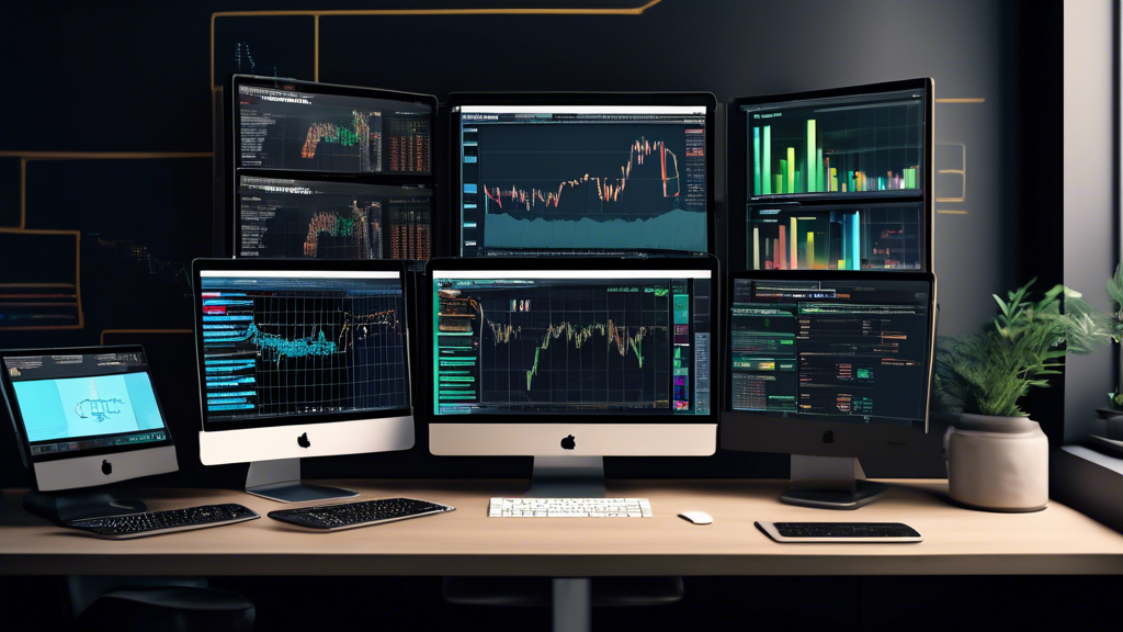 Create an image depicting a modern and sleek workspace setup for a coin trader, featuring an array of digital tools and platforms on multiple screens. Include visual elements that represent staying informed, such as news feeds, market analysis charts, and community forum notifications. On one screen, display a list of essential coin trading tips with a focus on developing a disciplined mindset. The space should convey a sense of focus and professionalism, with subtle references to cryptocurrency such as digital coin icons and blockchain motifs.