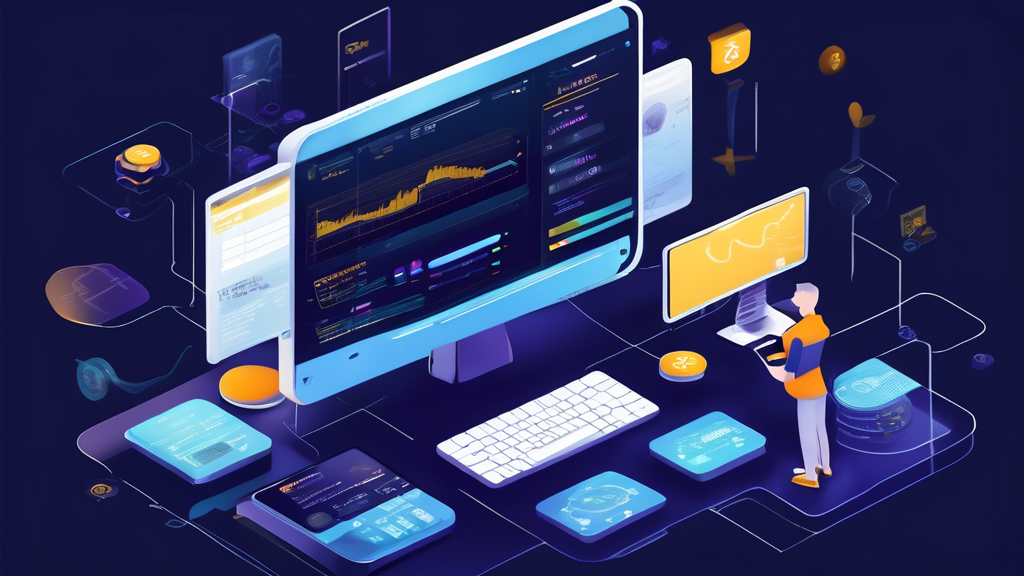 Create an image that depicts a digital step-by-step guide for setting up a demo account for crypto trading. The illustration should include visual elements like a computer or smartphone screen showing a crypto trading platform interface. The screen should have annotated labels highlighting the steps of account creation, such as Choose Platform, Registration Process, and Selecting Demo Mode. Additionally, incorporate stylized graphics of cryptocurrencies, trading charts, and strategy icons to convey the idea of analyzing market trends and practicing trading strategies. Use a clean, modern design with a color scheme that suggests technology and finance, like blues and greys.