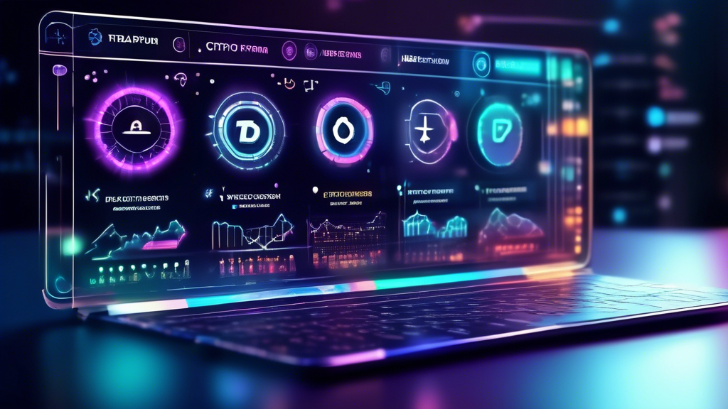 Create an image showcasing a futuristic digital interface displaying a comparison chart of top platforms offering demo accounts for crypto trading. The image should feature sleek, holographic screens with logos and icons representing various crypto trading platforms, highlighting their key features like user interface, access to tools, resources, and educational materials. The background should depict a dynamic, modern trading environment with abstract crypto symbols floating, emphasizing the theme of innovation and strategic learning in the digital currency space.