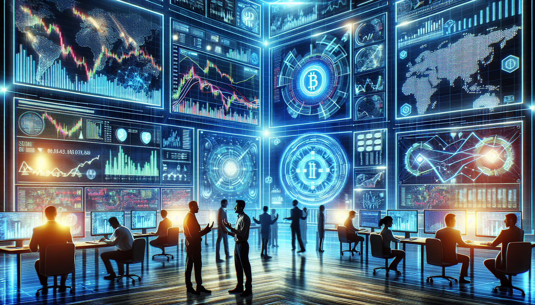 Create an image depicting a futuristic digital trading hub bustling with activity. Screens surround the traders, displaying dynamic graphs and analytics related to Pi Coin. In the foreground, a savvy cryptocurrency trader enthusiastically shows another trader how to maximize profits from selling Pi Coin. The scene is filled with holographic interfaces showing real-time market trends and external factors affecting Pi Coin