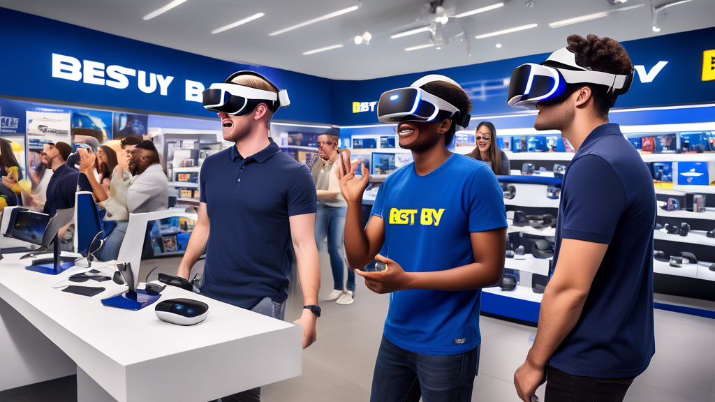Create an image depicting a bustling Best Buy store interior with customers enthusiastically trying out PlayStation VR demos. Capture the excitement on their faces as they experience immersive gaming. The scene should include professional Best Buy staff offering guidance and advice to assist shoppers in making informed decisions. Add elements of product setup assistance in the background and a friendly atmosphere, highlighting the welcoming customer service. Bright, inviting lights and well-organized displays should be visible, emphasizing the sleek and modern aesthetic of Best Buy.