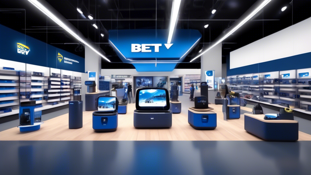 Create an engaging image showcasing a futuristic shopping environment at a Best Buy store. The scene should feature a satisfied customer easily purchasing a PlayStation VR set through various methods: an online purchase on a sleek laptop, a friendly Best Buy employee assisting with the in-store purchase, and a clear display of the VR set being delivered via curbside pickup. Include visual elements that represent different payment methods and financing options, with banners highlighting Best Buy
