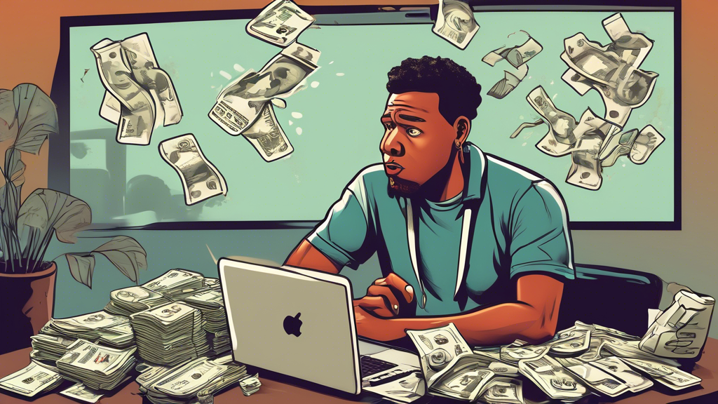 Create an image that visually represents the concept of Common Mistakes to Avoid in Sportswagering. The scene should depict a confused bettor sitting at a table with a laptop, looking overwhelmed by numerous betting slips scattered around. Illustrate common misconceptions like Chasing Losses with a cartoon-style thought bubble showing a person running after a dollar bill, and Betting on Favorites with a giant favorite team mascot overshadowing smaller teams. Include subtle hints of discipline and emotional control, such as a checklist on the wall with items like Stay Calm and Stick to Your Plan. Use a dynamic color palette to convey the excitement and risk of sports betting while emphasizing the need for caution and strategy.
