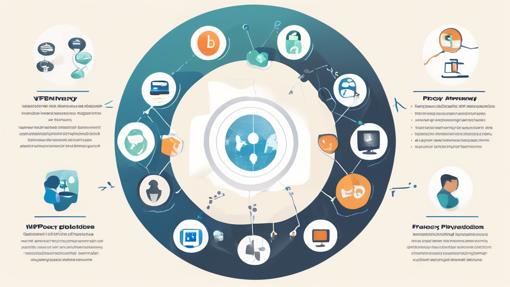Create an image showcasing a Venn diagram comparing internet privacy solutions: Proxy Blockaway, VPNs, and Anonymity Networks. Each section of the diagram should feature symbolic icons or imagery representing the unique features and benefits of each solution. For Proxy Blockaway, use visuals like a shield, a masked figure, and data streams, depicting protection and anonymity. For VPNs, include a globe with a padlock, signifying secure global access. For Anonymity Networks, show interconnected nodes and a question mark, symbolizing network invisibility. The overlapping areas should illustrate shared benefits such as enhanced security and privacy. Include a background of a digital grid to emphasize technology and internet connectivity.