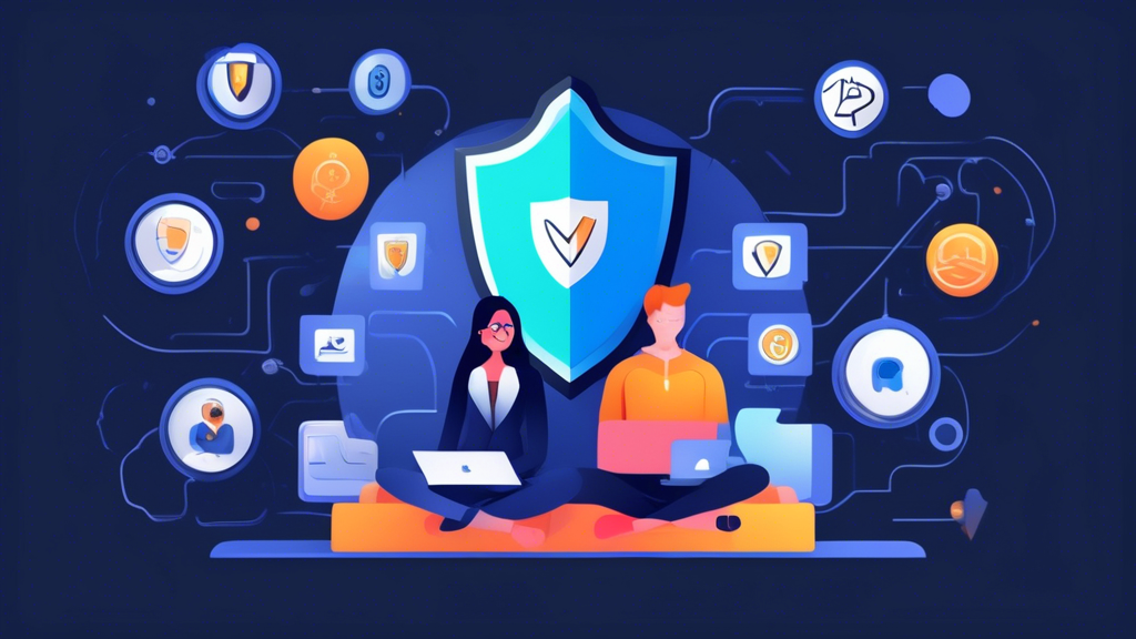Create an illustration that visually represents the benefits of using Betternet VPN for online security. The image should depict a user sitting at a computer with a shield symbol surrounding them, symbolizing protection of personal data and anonymous browsing. Include visual elements like a lock symbol for data security, warning signs illustrating cyber threats being blocked, and streaming icons to indicate access to restricted content. Incorporate a speedometer to represent improved connection speed and stability. Use a modern, tech-inspired color palette to convey a sense of digital security and innovation.