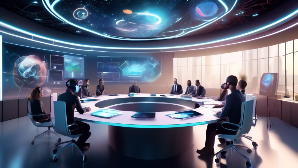 Create an image depicting a futuristic conference room where dynamic presentations showcase emerging VR development companies in 2024. In the scene, several holographic displays highlight cutting-edge virtual reality technologies, with representatives from lesser-known but promising VR firms interacting enthusiastically. The environment should emphasize innovation and potential, with sleek design elements and a tech-forward atmosphere. Include virtual reality headsets, subtly branded with the names of these emerging companies, capturing the essence of their unique offerings and showcasing their ambition to join the ranks of top VR development companies.