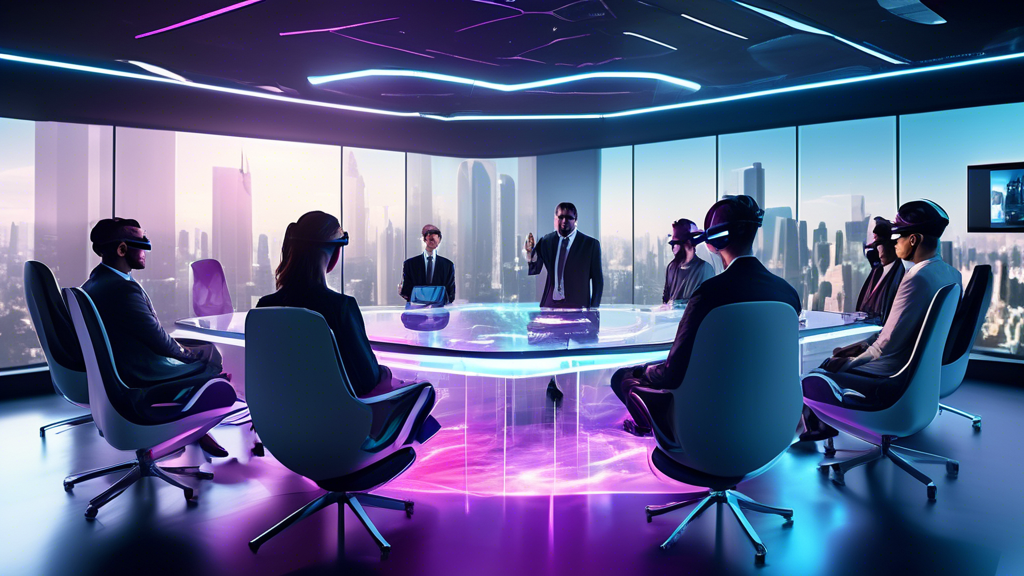 Create an image of a futuristic boardroom meeting set in 2024, where a diverse group of visionary leaders from the top VR development companies are gathered. They are surrounded by holographic displays showcasing cutting-edge virtual reality projects and advanced digital interfaces. The room has a sleek, high-tech aesthetic, with transparent walls overlooking a vibrant cityscape. Each leader is immersed in discussing strategies, leveraging creative technology solutions, and analyzing market trends that highlight their companies