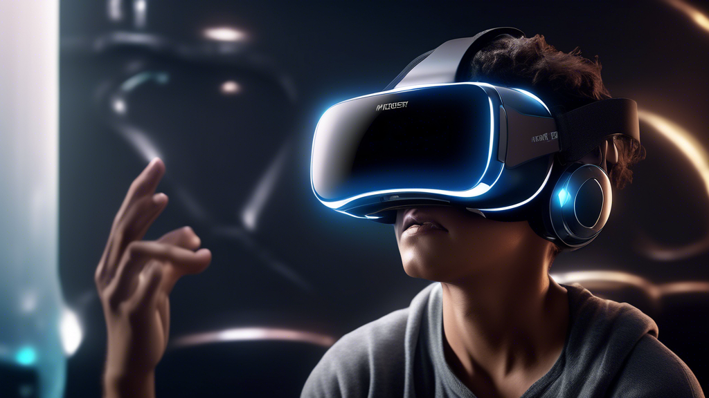 Create an image that showcases the Meta Quest 2 virtual reality headset in use, highlighting its advanced hardware and software features that cater to adult users. The image should depict an adult immersed in a highly detailed and visually stunning VR environment, illustrating the high-resolution graphics and diverse content library. Emphasize the intuitive controls and the overall immersive experience, capturing the sense of wonder and engagement that Meta Quest 2 brings, suitable for adult entertainment and learning.