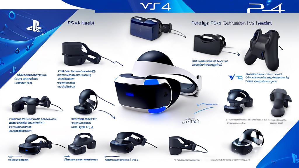 Create an image that showcases the technical specifications and compatibility of the PS4 VR headset. Include visuals of the headset with detailed annotations of its components, such as resolution statistics, field of view, and tracking technology. Surround the headset with icons or graphics representing different PS4 models it is compatible with, as well as a few popular game covers to highlight supported games. The image should have a modern and sleek design, appealing to tech enthusiasts and potential buyers interested in gaming technology.