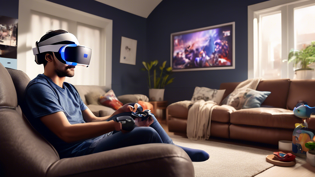 Create an image showcasing a user in their living room setting, fully immersed in a virtual reality experience with the PS4 VR Headset. The scene should depict practical elements such as comfortable seating, adjustable headset features, and a safe, clutter-free play area. Include visuals of recommended games appearing in a thought bubble above the user, emphasizing their engagement and excitement. The overall atmosphere should convey a sense of futuristic entertainment and optimal VR enjoyment.