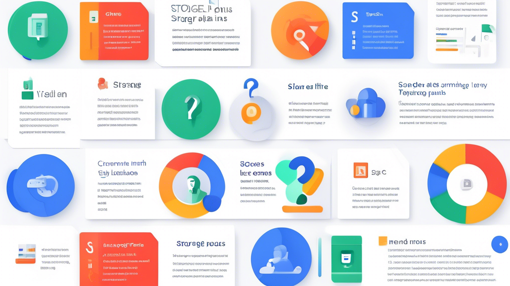 Create an informative and visually engaging infographic that illustrates the frequently asked questions about Google storage plans. Include sections that clarify common misconceptions, outline common issues users face, and provide tips on how to effectively manage and optimize their storage plans. Use a modern design with vibrant colors, icons representing storage solutions, and visually appealing charts or graphs to enhance the information.