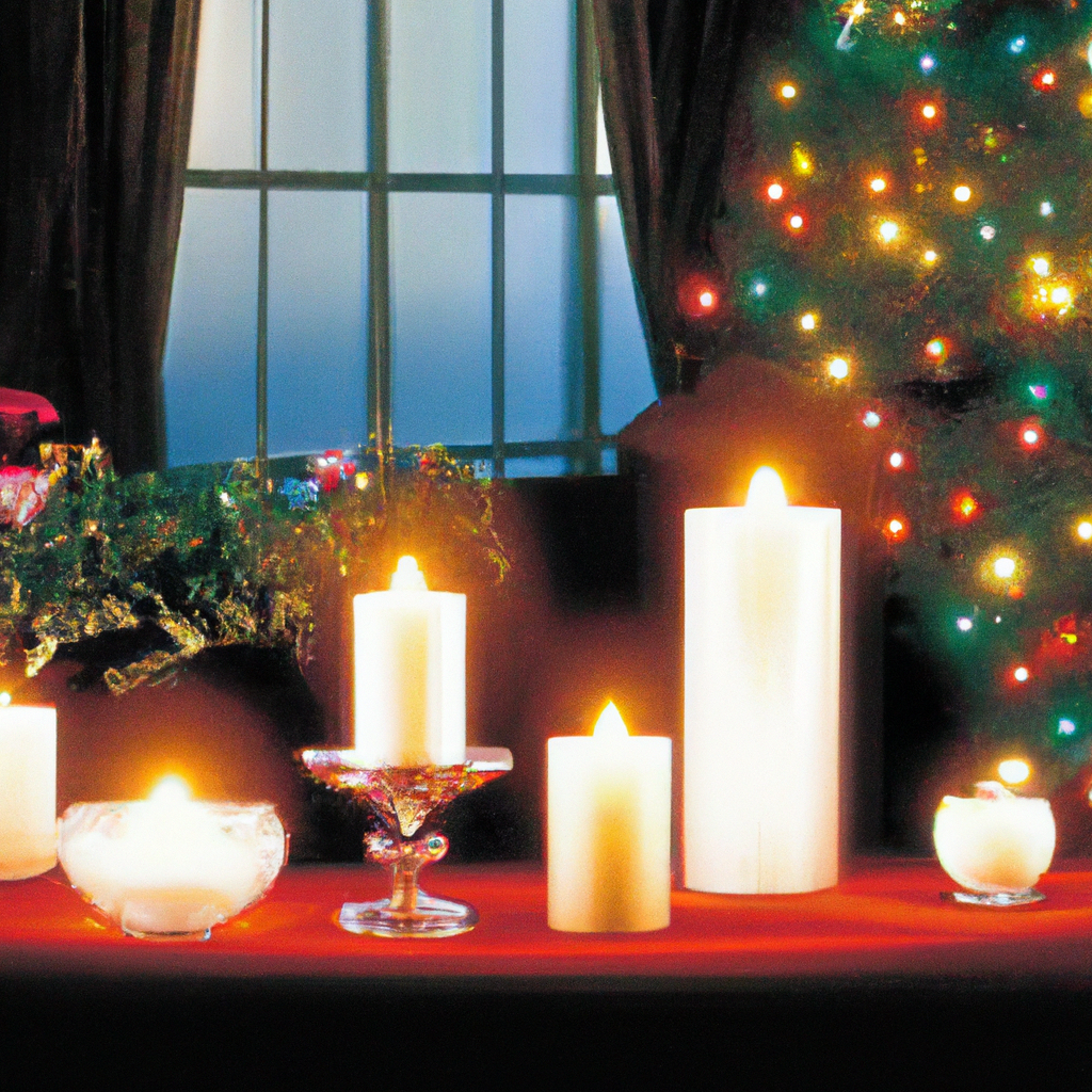 Create an image depicting a cozy living room adorned with a variety of Luminara Christmas candles. The scene should highlight the safety benefits of these candles, with children and a playful pet enjoying the ambiance without any risk. Showcase the versatility of Luminara