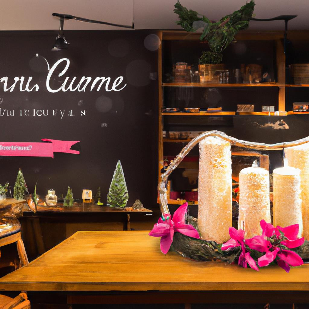 Create an image of a cozy holiday shopping scene in a boutique store adorned with festive decorations. The focus is on a beautifully arranged display of Luminara Christmas candles, elegantly showcased on a wooden table, surrounded by pine garlands and twinkling fairy lights. A chalkboard sign prominently reads Genuine Luminara Candles Available Here, emphasizing authenticity. Customers are seen browsing the store, with one examining a candle closely. Capture the warm and inviting ambiance, highlighting the charm of finding the perfect candles for festive celebrations.