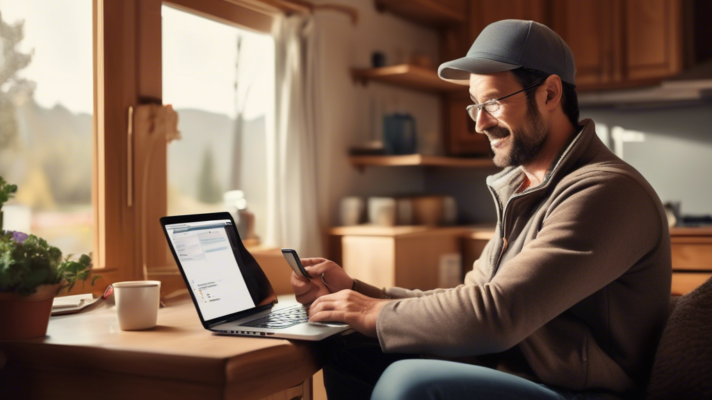 Create an image that depicts a commercial driver using a laptop in a cozy home setting to search for a walk-in DOT physical near me online. The scene should include a clear view of the laptop screen displaying a search engine page with results for local clinics offering DOT physicals. Include elements like a coffee mug, a notepad with a pen, and a smartphone lying on the table, enhancing the sense of convenience and thorough planning. The emphasis should be on ease of access and the comfort of finding reliable service options through online research.