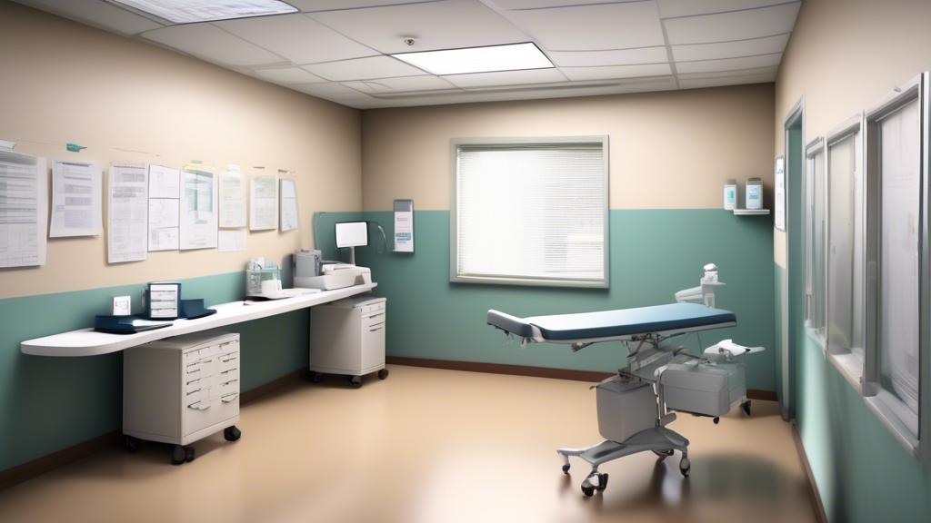 Create an image depicting a serene medical clinic environment with a focus on the preparation process for a walk-in DOT physical examination. The scene should show a commercial driver readying for their appointment, with a neatly organized folder of essential documents such as medical history forms, identification, and any previous health records on a desk beside them. The walls of the clinic should feature informative posters displaying typical health checks conducted during a DOT physical, such as vision, hearing, and blood pressure tests. The atmosphere should convey a sense of readiness and calm, highlighting the importance of proper preparation for a successful appointment. Include subtle elements that hint at the convenience of a walk-in service, like a digital sign indicating No Appointment Needed and a smiling receptionist ready to assist.