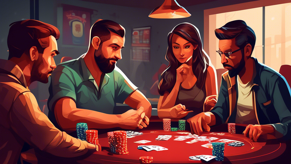 Create an illustration that showcases a diverse group of beginner poker players at a table, engaged in a friendly game. Include visual elements that represent different strategies: a player thoughtfully observing their opponents, another calculating their bet, and a third player using a strategy chart. Highlight elements that suggest the importance of position and betting techniques, such as cards arranged in various layouts and chips organized by color. Use a vibrant color palette to convey excitement and camaraderie in the atmosphere. The scene should capture the essence of mastering strategies in a poker game.