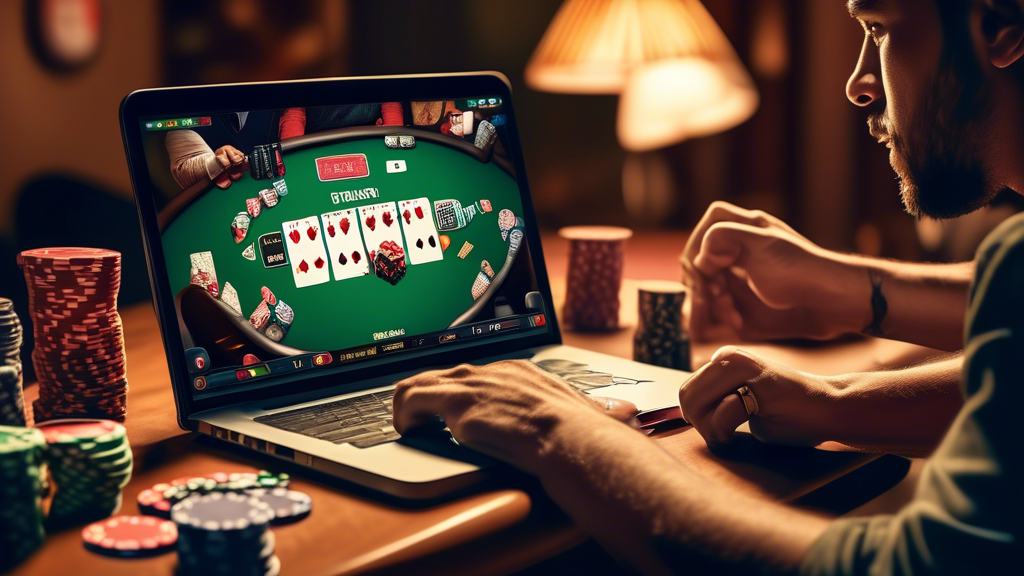 Create an image that illustrates the world of poker for beginners. Include a collage featuring a computer screen displaying an online poker platform, a cozy living room setting with friends gathered around a table playing poker, and a vibrant local poker club scene with players engaged in a game. Incorporate essential poker tools like playing cards, poker chips, and strategy books. The overall atmosphere should convey excitement and accessibility, inviting newcomers to play poker and learn the game.