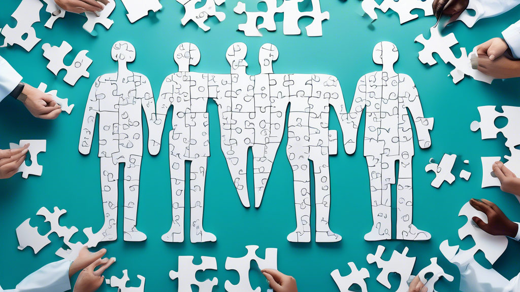 Create an image of a puzzle with pieces shaped like dollar signs, stethoscopes, and insurance cards, all fitting together seamlessly to form the outline of a human body. In the background, there are silhouettes of doctors shaking hands with patients and a sign that reads Affordable DOT Physical Exams. The overall atmosphere is one of collaboration and cost-efficiency, highlighting the theme of getting the best value for a DOT physical exam.