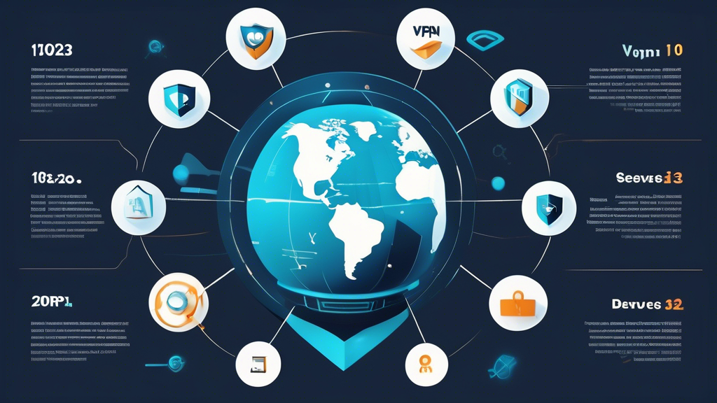 Create an informative and engaging infographic highlighting the top 10 VPN services of 2023. The design should include the name and logo of each VPN provider, a brief pros and cons list, and pricing information. Use a modern and tech-inspired aesthetic, integrating elements like padlocks, digital shields, and globe icons to symbolize security and global connectivity. Ensure the layout is clear, with distinct sections for each VPN provider, making it easy for viewers to compare them side by side.